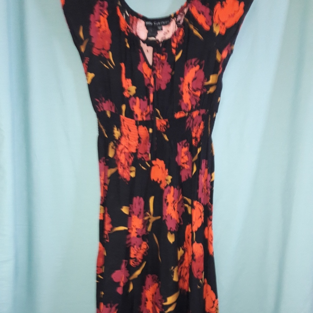 Black dress with floral print mid calf